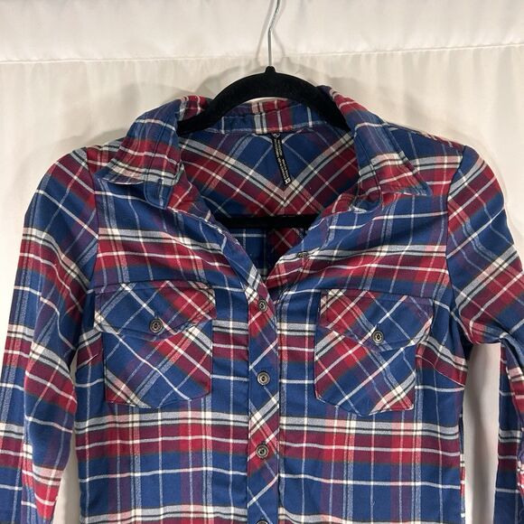 KHUL Flannel Shirt Womens XS Blue Red Plaid Button Up Long Sleeve 100% Polyester - Picture 2 of 8